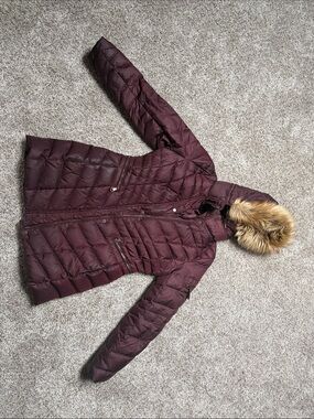 Marc New York Quilted Long Puffer Coat in Burgundy with Faux-Fur Trim